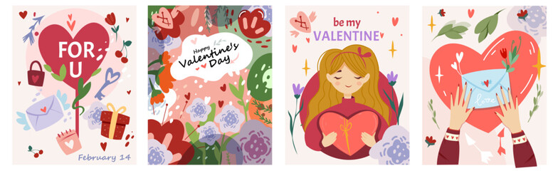 Happy Valentines Day Card Set. Adorable greeting cards with romantic love letter, blooming flowers, gift boxes and girl holding heart. Hand drawn vector illustration collection isolated on background