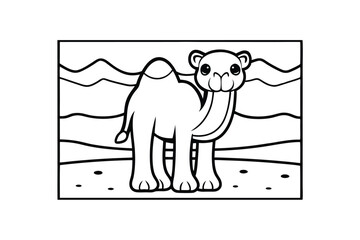 Obraz premium Black And White Camel Cartoon Illustration In Desert Landscape Line Art Style Perfect For Coloring Pages And Educational Resources