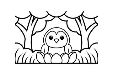 Line Art Cute Penguin In Forest Ready For Coloring Illustration Of A Woodland Scene