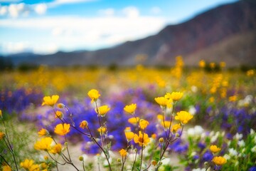 desert flowers with blurred mountain