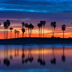 sunset over the bay with palm trees