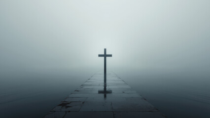 A solitary cross stands at the end of a pier, surrounded by fog, symbolizing faith amidst uncertainty.