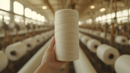 Yarn spool inspection: A hand holds a large, tightly wound spool of white yarn in a manufacturing setting with rows of spools visible in the background.
