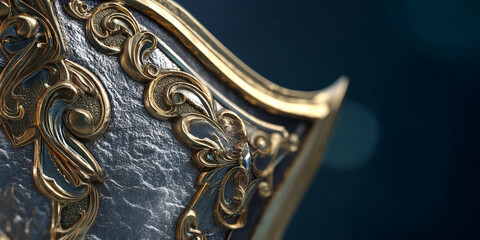 Close-up of ornate gold and silver shield detail, showcasing intricate scrollwork and texture, symbolizing protection, strength, and luxury, ideal for fantasy or historical concepts