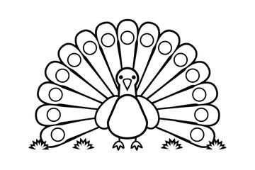 Peacock With Open Tail Feathers Line Art For Coloring Books And Educational Resources Isolated On White