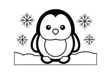 Cute Penguin In Winter Scene Surrounded By Snowflakes Black And White Graphic Illustration For Holiday Designs