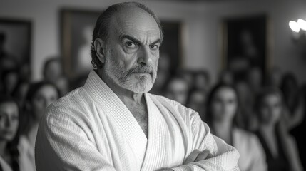 Master Sensei's Intense Gaze: A Black and White Portrait of a Martial Arts Master