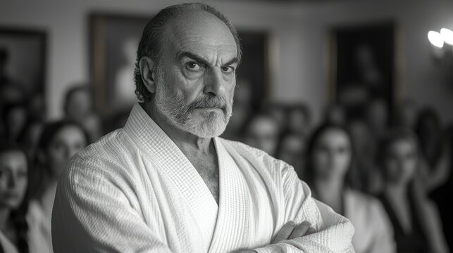 Master Sensei's Intense Gaze: A Black and White Portrait of a Martial Arts Master - Powered by Adobe