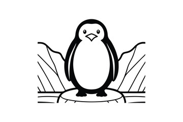 Minimalist Penguin Vector Illustration Cute Bird Character Design Standing On Iceberg Winter Season Outline Style Black And White