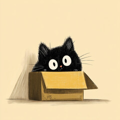 Cute black cat peeking playfully from a cardboard box  