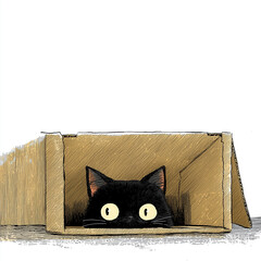 Black cat peeking curiously from a cardboard box  