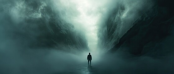 Lonely figure in a misty mountain pass