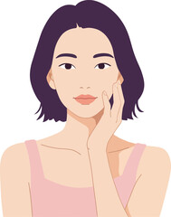 Young woman with shoulder-length hair in a pink top, exhibiting a calm expression, in a minimal flat style vector illustration