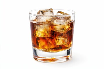 Refreshing Whiskey Drink with Ice Cubes on a Clean White Background