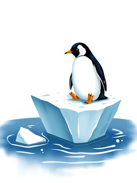 Artistic illustration of a penguin daintily resting on a floating iceberg