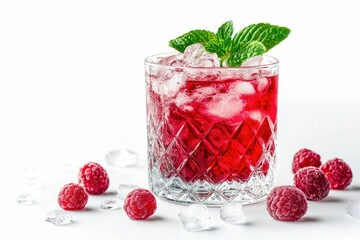 Refreshing Raspberry Cocktail with Ice and Mint on White Background