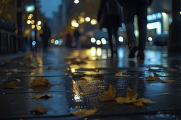 Obraz premium Evening city street scene with wet pavement and fallen leaves