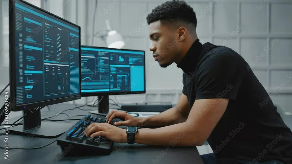 Poster A person sitting at a desk with two computer monitors.
