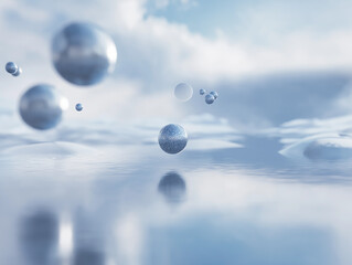 surreal and ethereal landscape featuring large, floating spheres.