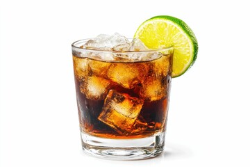 Refreshing Cola Cocktail with Ice Cubes and Lime Garnish on White