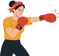 Confident woman wearing boxing gloves and a headband in a flat, minimal style, showcasing strength and determination in vector art
