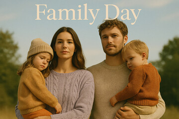 Elegant young family portrait on Family Day, stylish parents and children in cozy outfits posing outdoors with soft warm light and natural background