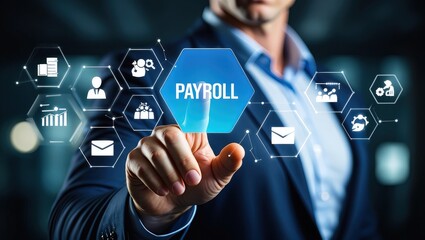 Payroll Management and Financial Processing System. Businessman works on payroll management with icons for payment, employee salaries, scheduling, analysis finance, and efficient payroll operations.
