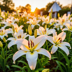 Fototapeta premium Golden sunset illuminating white lilies in garden, serene beauty