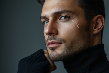Obraz premium Plastic surgeon drawing marks on man's face for cosmetic surgery operation, handsome man posing on grey studio background, getting ready for aestetic operation or face, Generative AI