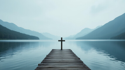 A serene lakeside scene with a pier leading to a cross in the water, symbolizing Christian faith and reflection.
