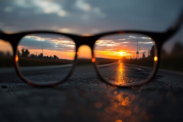 Glasses reflect a road seen in sharp focus, leading towards a bright sunset in the distance, highlighting a vision of the future. Reflection - Mirror. Illustration.