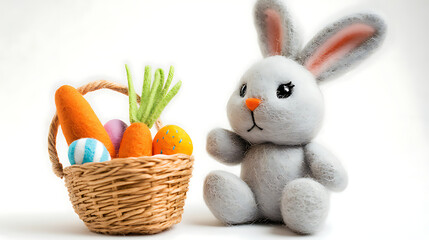 Easter Bunny Cute with Eggs Basket on white Background Flowers
