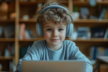 Enthusiastic primary school boy wearing headphones, looking at computer screen, learning using laptop software application, Generative AI