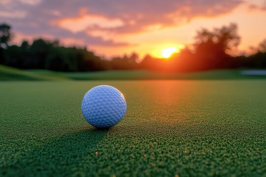 Golf ball on a manicured green at sunset (1)