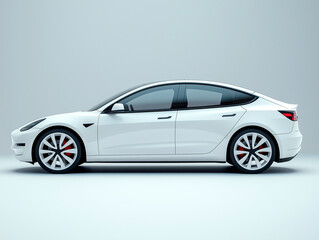 Full side view of sleek white electric car with red brake calipers highlights clean lines and tech design. Electric car and profile reflect modern efficiency.