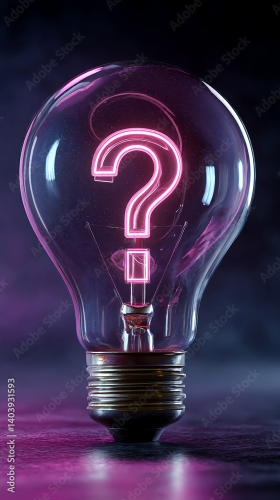 Aufkleber glass lightbulb with pink neon question mark inside, showcasing curiosity and problem-solving concep