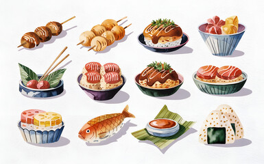 Japanese Street Food Elements in Watercolor Style