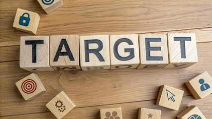 Wooden blocks spelling the word “TARGET” with business and marketing icons around on a wooden background. Perfect for concepts of business goals, strategy, success, planning, and achievement