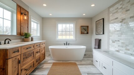 Modern farmhouse bathroom featuring natural wood cabinetry, a freestanding soaking tub, and neutral color palette