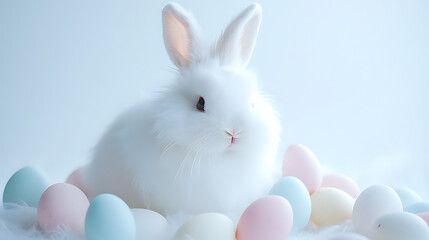 Obraz premium Easter Bunny with Easter Eggs and Basket on background Cute