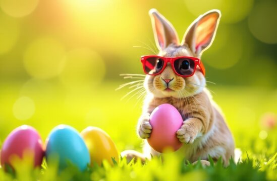 Fototapeta Easter bunny wearing sunglasses holding painted egg in green grass