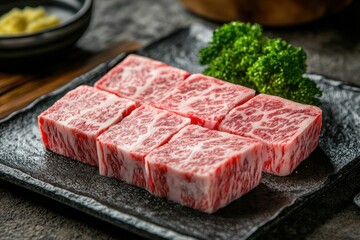 Fototapeta premium Wagyu Beef Cubes Prepared on Black Plate with Parsley Garnish