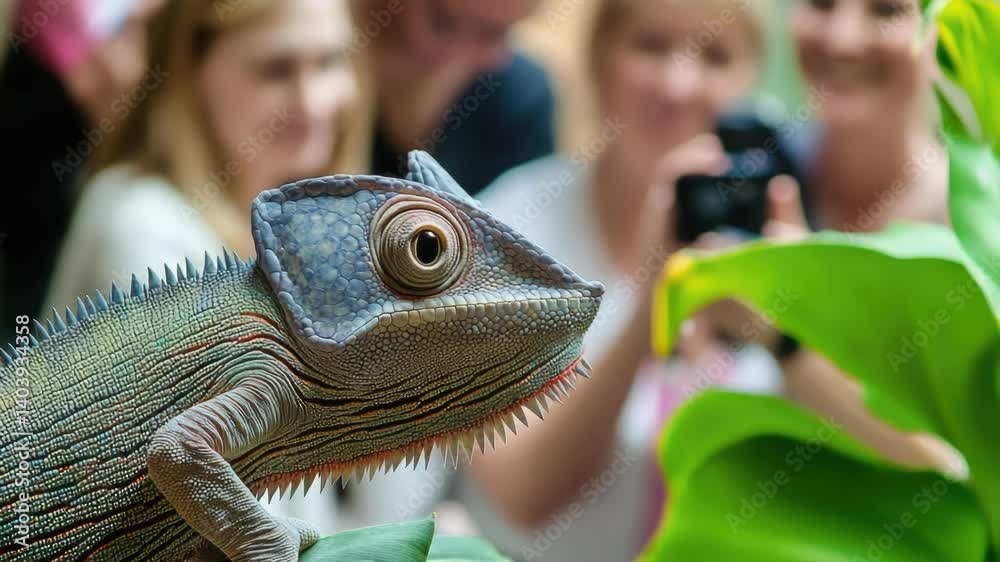 Poster a chameleon sitting on a leaf, its body camouflaging with the surrounding environment.