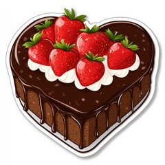 Heart-shaped chocolate cake decorated with fresh strawberries and whipped cream