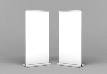 Two blank roll-up banner stand mockups gray background hyper-rea,Mockup
