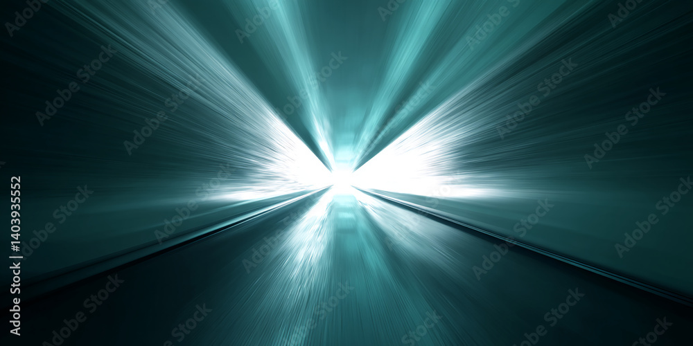 Poster abstract teal tunnel image with bright light at end, suggesting speed, movement, and forward progres