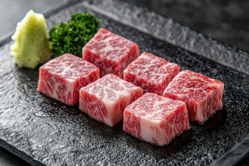 Fototapeta premium Raw Wagyu Beef Cubes on Black Plate Ready to Grill