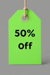Bright green vertical label showing 50% OFF promotion. Perfect for advertising, ecommerce, sales events, and seasonal discounts. Isolated on clean background.