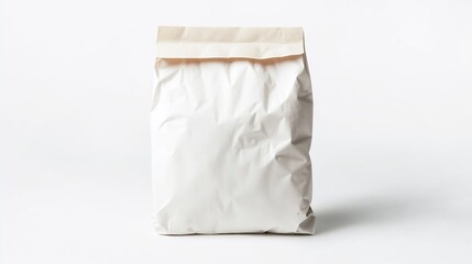 Blank white paper bread bag with sealed top, isolated on white background with copy space