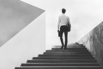 Man ascends staircase holding briefcase 